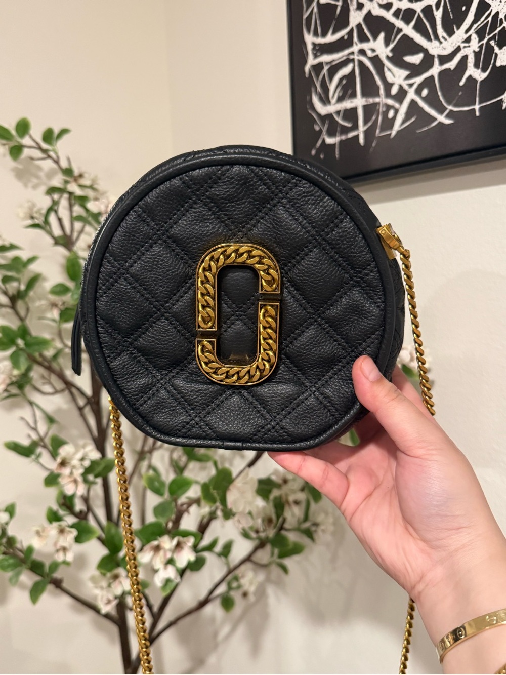 Marc Jacobs Black Quilted Round Crossbody with Gold Chain
